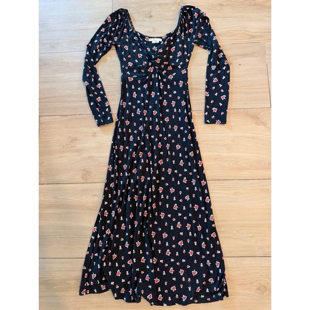 Boden Black Floral Long Sleeve Midi Dress Sweetheart Knot Front Size US 2R